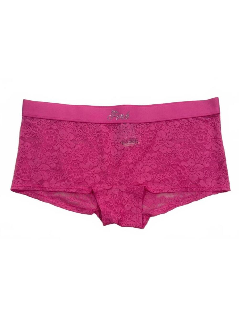 Victoria's Secret PINK Hot Pink Lace Boyshort Panty Rhinestone Logo M NWT